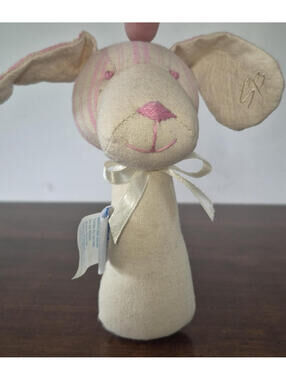 Vtg Stephan Baby ©2007 Infant toy stick Rattle ~ Cream & Pink Striped Fabric Dog